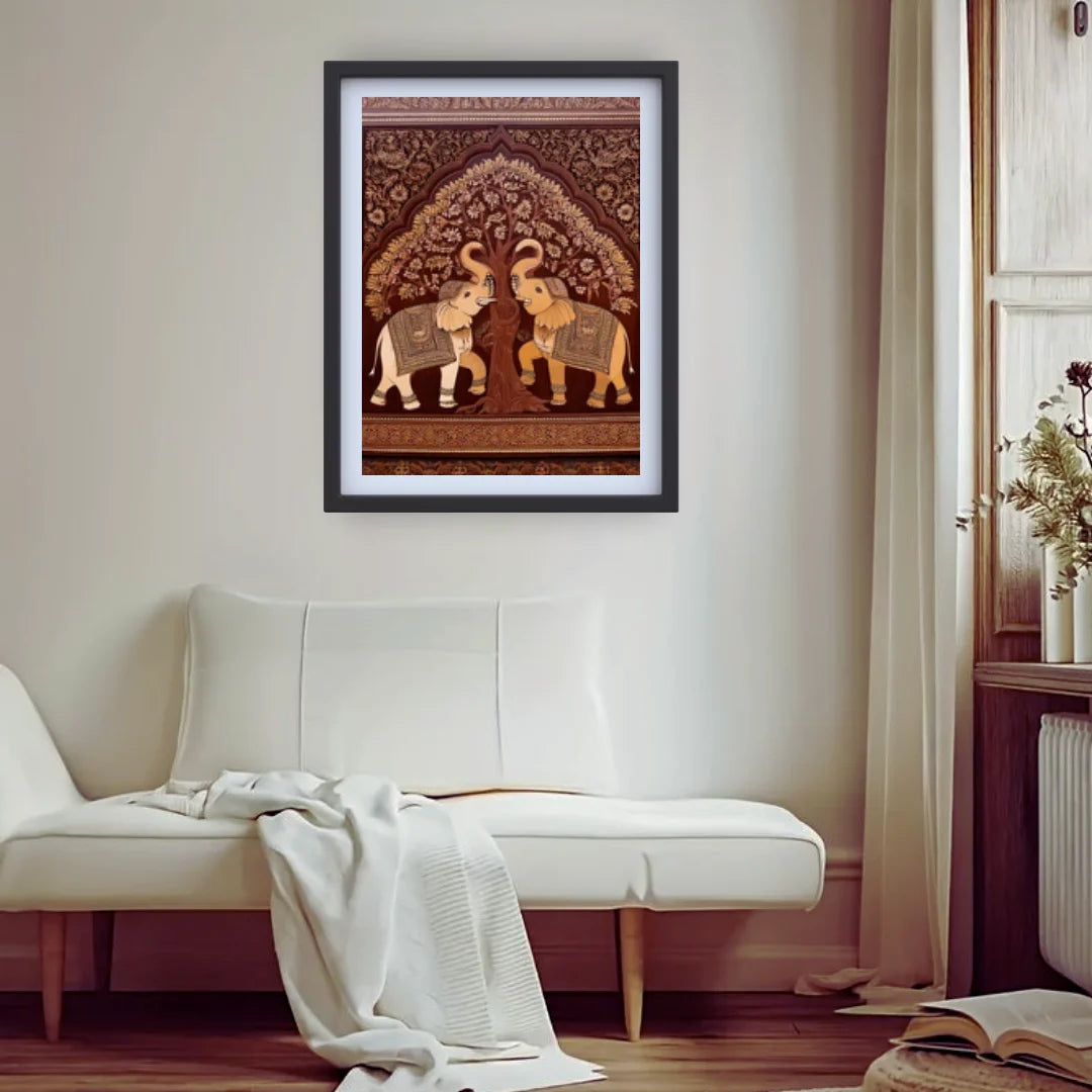 Cozy living room decorated with tree of life elephant wall art canvas above sofa
