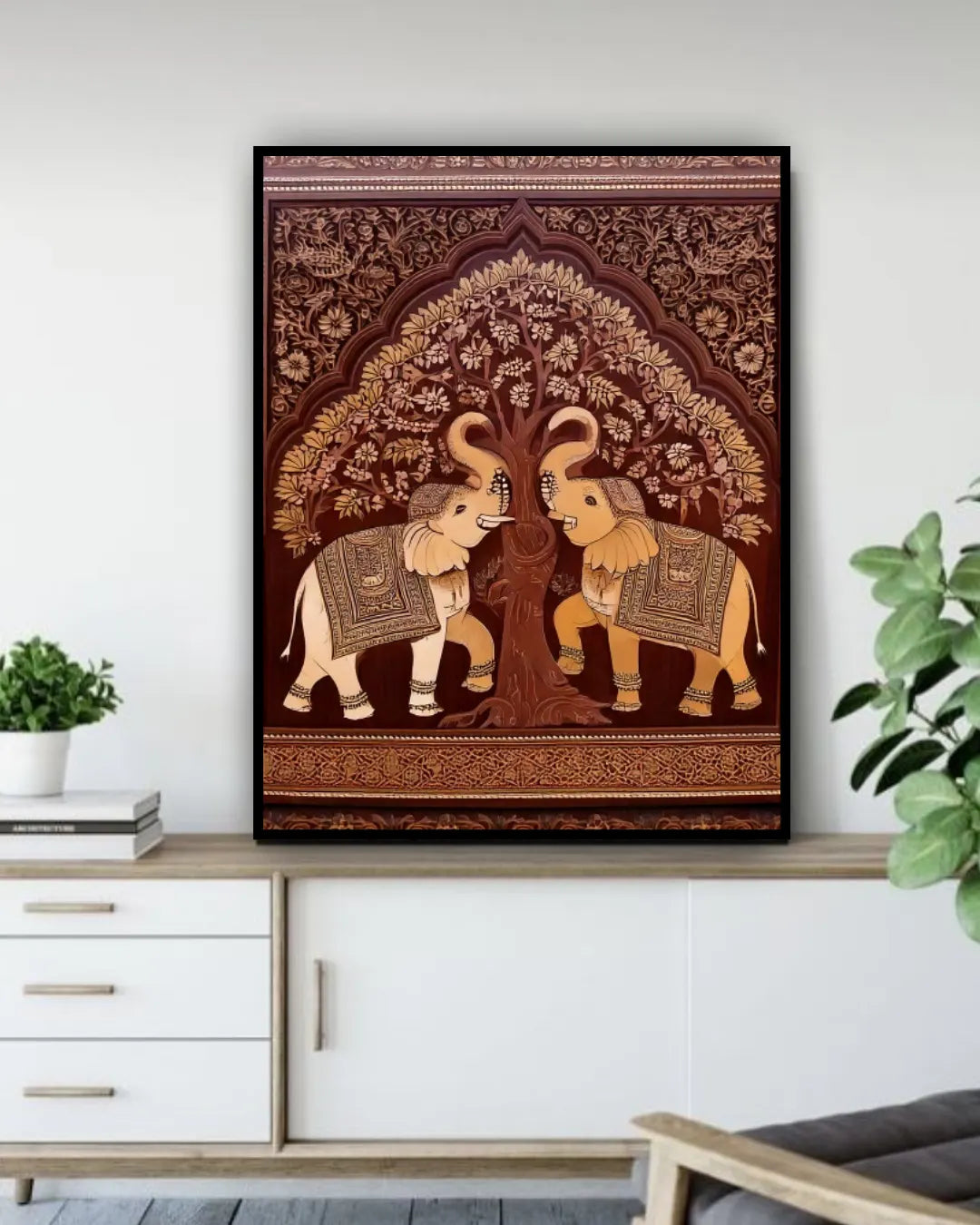 Tree of life elephant wall art canvas hanging on a white wall in a minimalist interior

