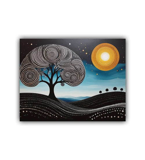 Tree and moon wall art painting symbolizing peace and balance
