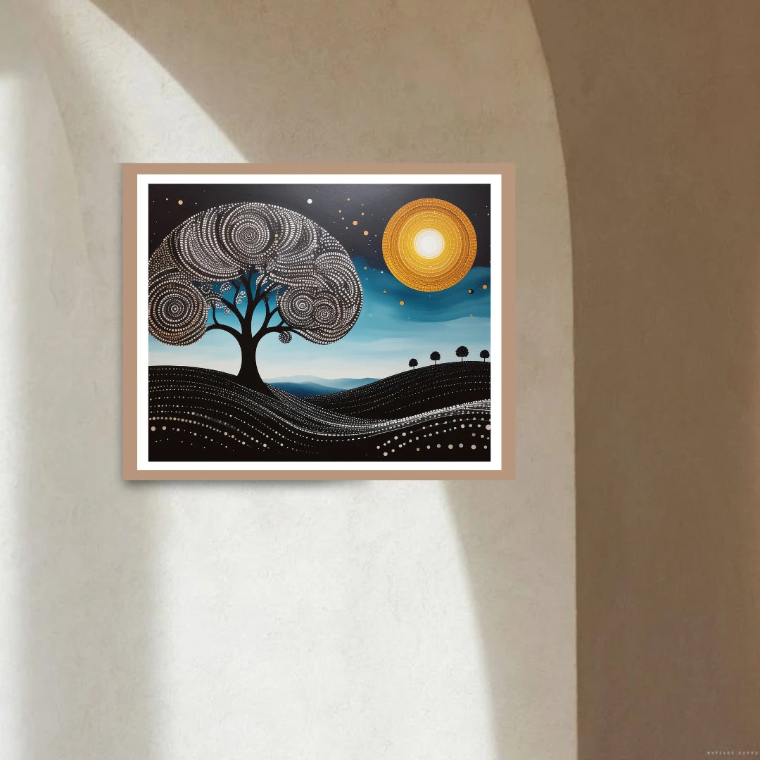 Modern tree and moon wall art painting with peaceful night theme
