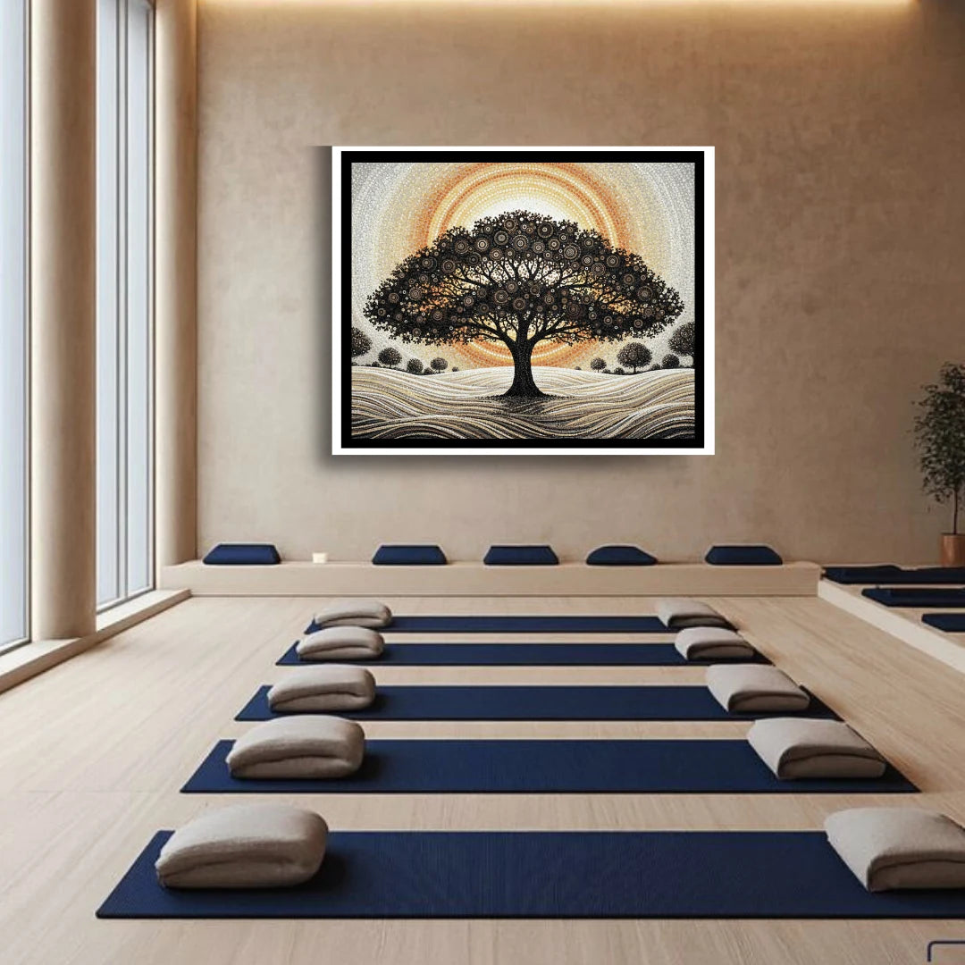 Tree of life meditation wall art in yoga hall with calm spiritual ambiance
