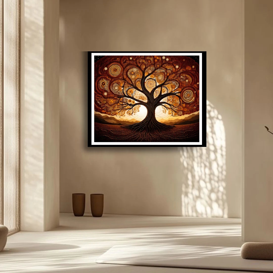 Tree of life spiritual wall art with golden glow for peaceful home decor

