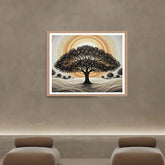 Spiritual tree of life wall art in minimal meditation seating area
