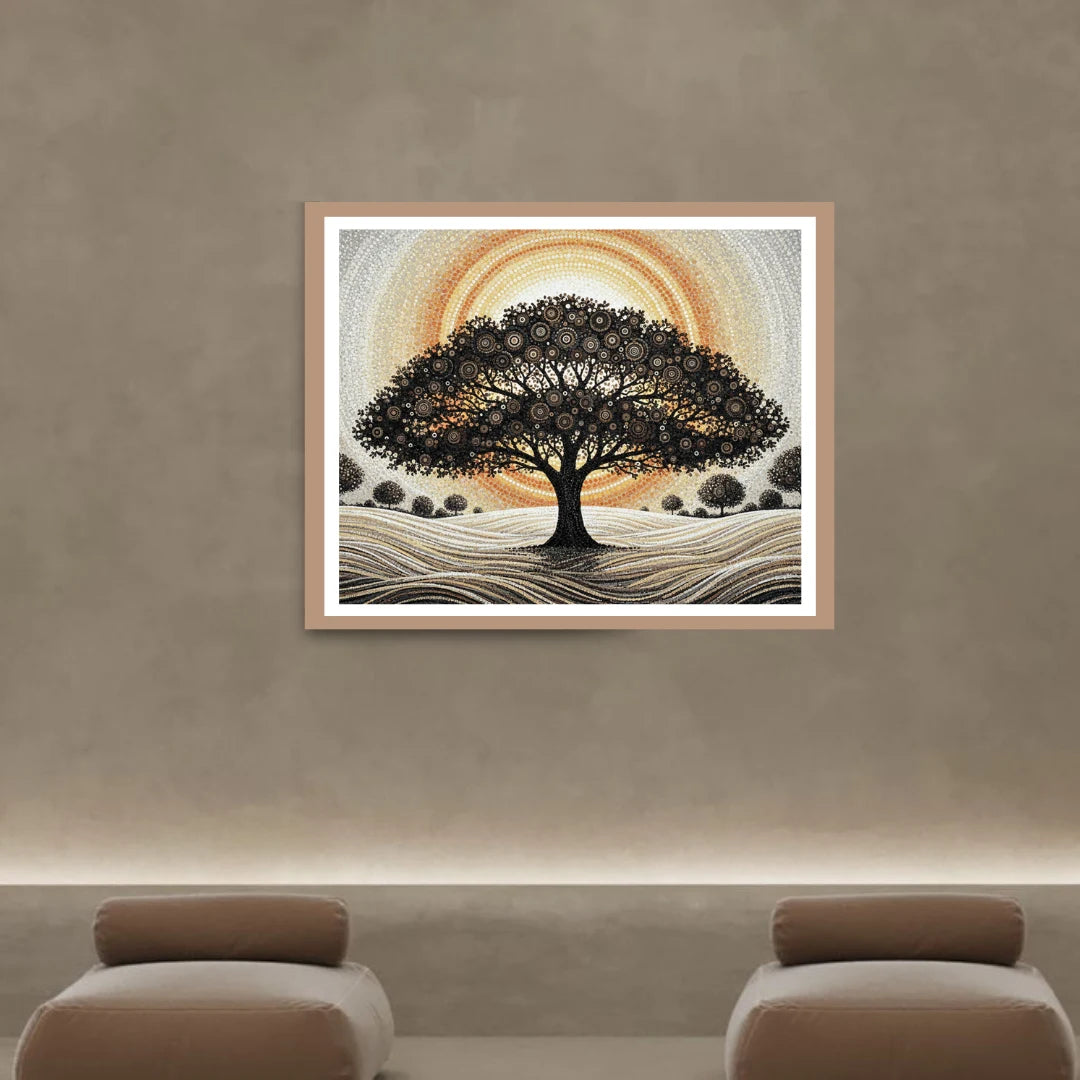 Spiritual tree of life wall art in minimal meditation seating area

