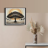 Tree of life wall art with golden sun in modern home decor
