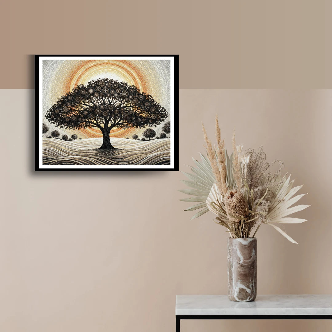 Tree of life wall art with golden sun in modern home decor
