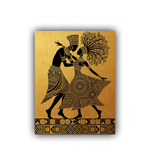Close-up view of tribal dancing couple wall art canvas painting with folk art patterns
