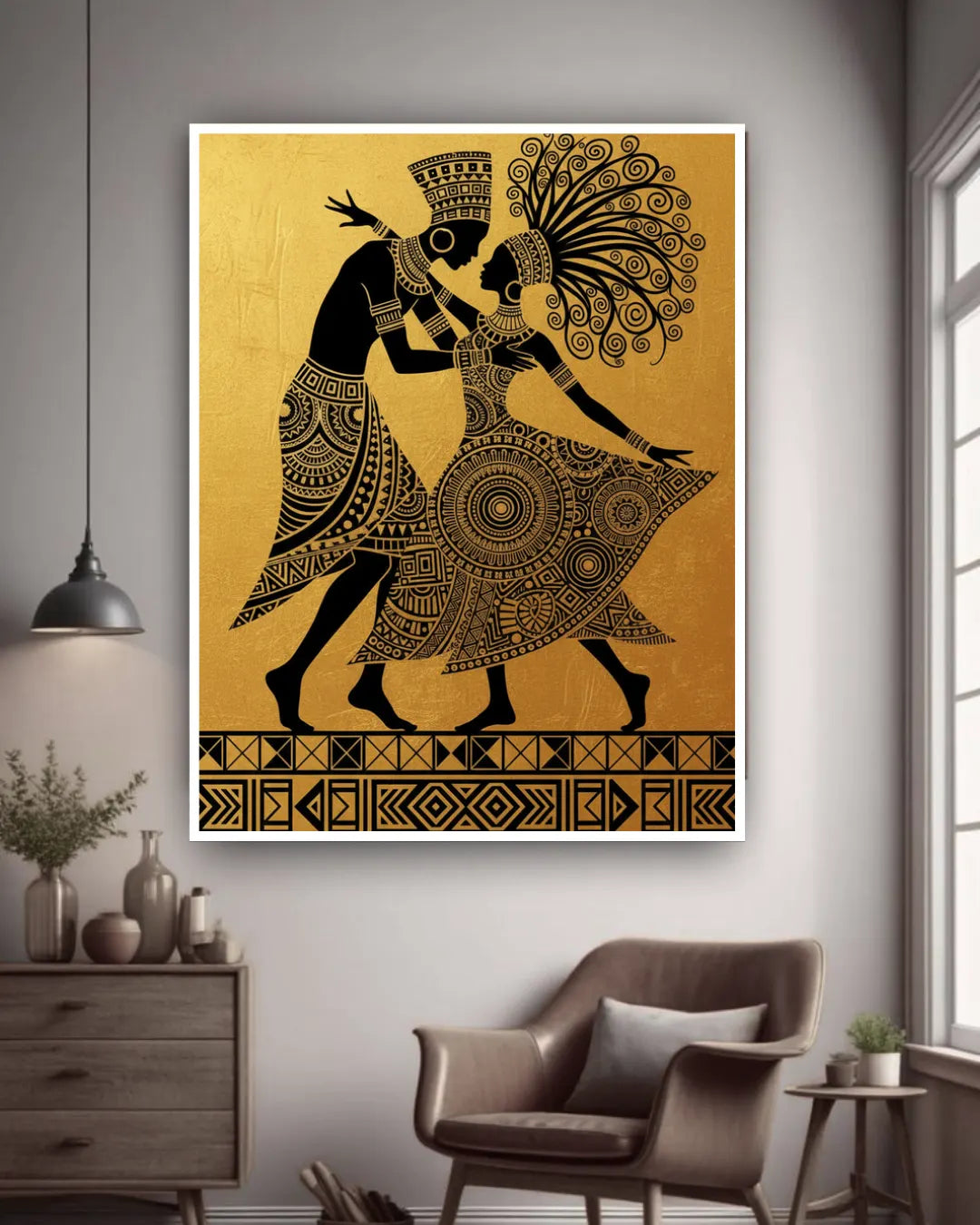 Tribal dancing couple wall art canvas displayed in an artistic living room interior
