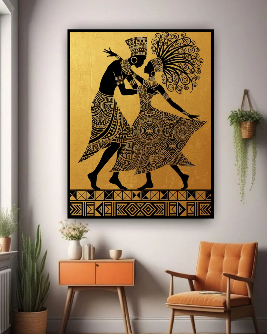 Tribal dancing couple wall art canvas displayed in a minimalist interior with chair and plants

