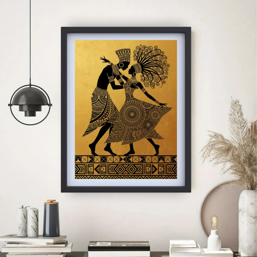 Neutral living room decorated with tribal dancing couple wall art canvas above console table
