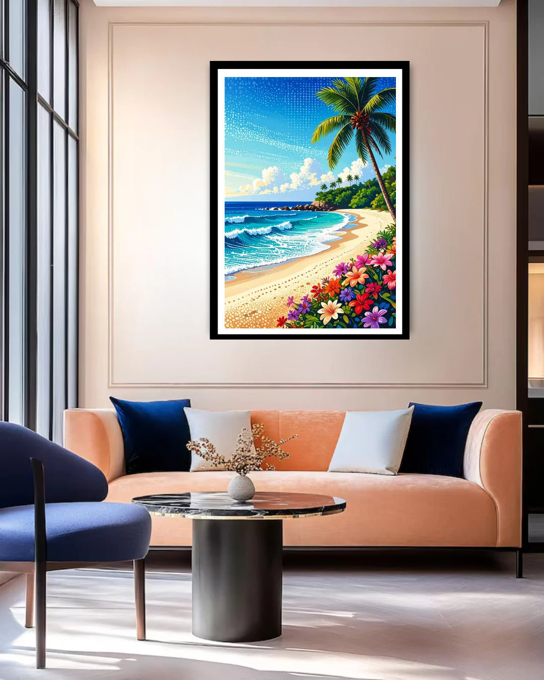 beach landscape painting above sofa in stylish home decor