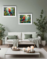 parrot wall painting displayed in minimal bedroom with clean decor