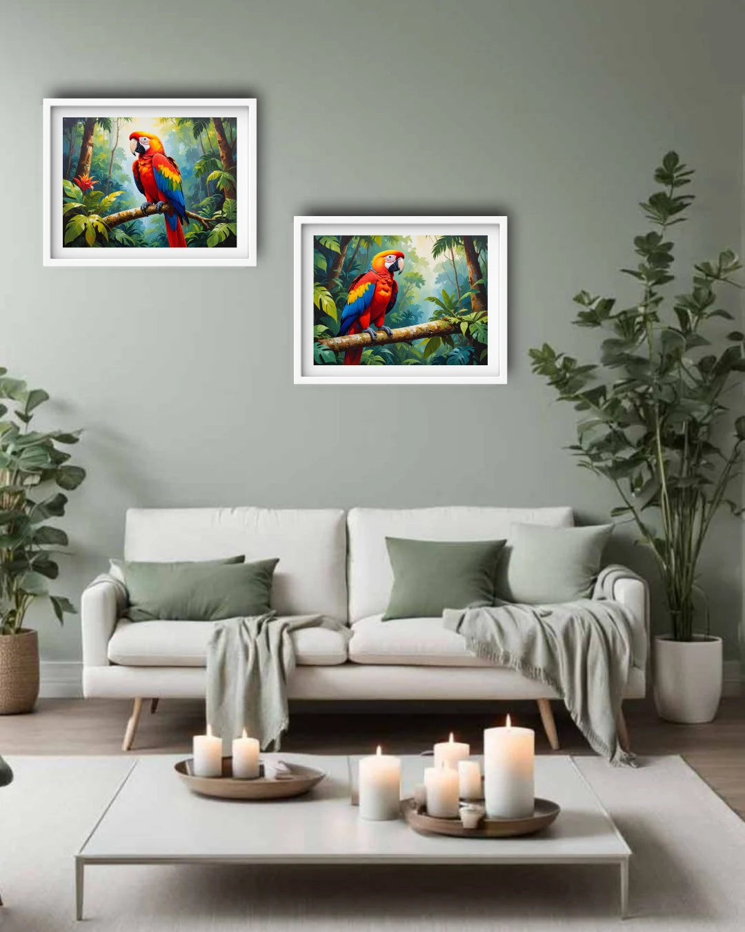 parrot wall painting displayed in minimal bedroom with clean decor