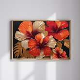 Tropical hibiscus flower canvas wall art with red and orange flowers
