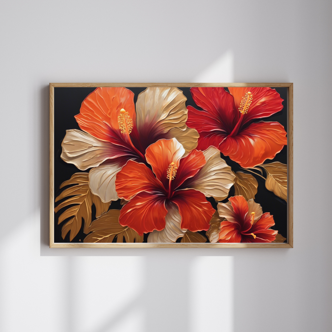 Tropical hibiscus flower canvas wall art with red and orange flowers
