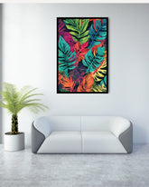 Colorful abstract leaf print on a wall above a modern white sofa with a plant beside it.