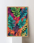 Framed colorful tropical leaf print on a white wall
