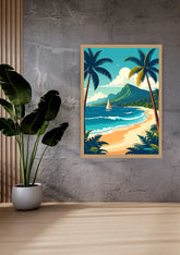 A framed tropical beach art print hangs on a gray concrete wall above a light wood floor, next to a potted green plant. The print features a vintage-style illustration of a sandy beach, turquoise ocean, mountains, and palm trees.