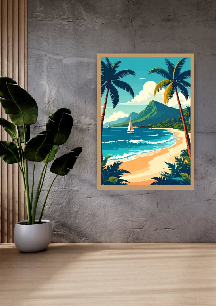 A framed tropical beach art print hangs on a gray concrete wall above a light wood floor, next to a potted green plant. The print features a vintage-style illustration of a sandy beach, turquoise ocean, mountains, and palm trees.