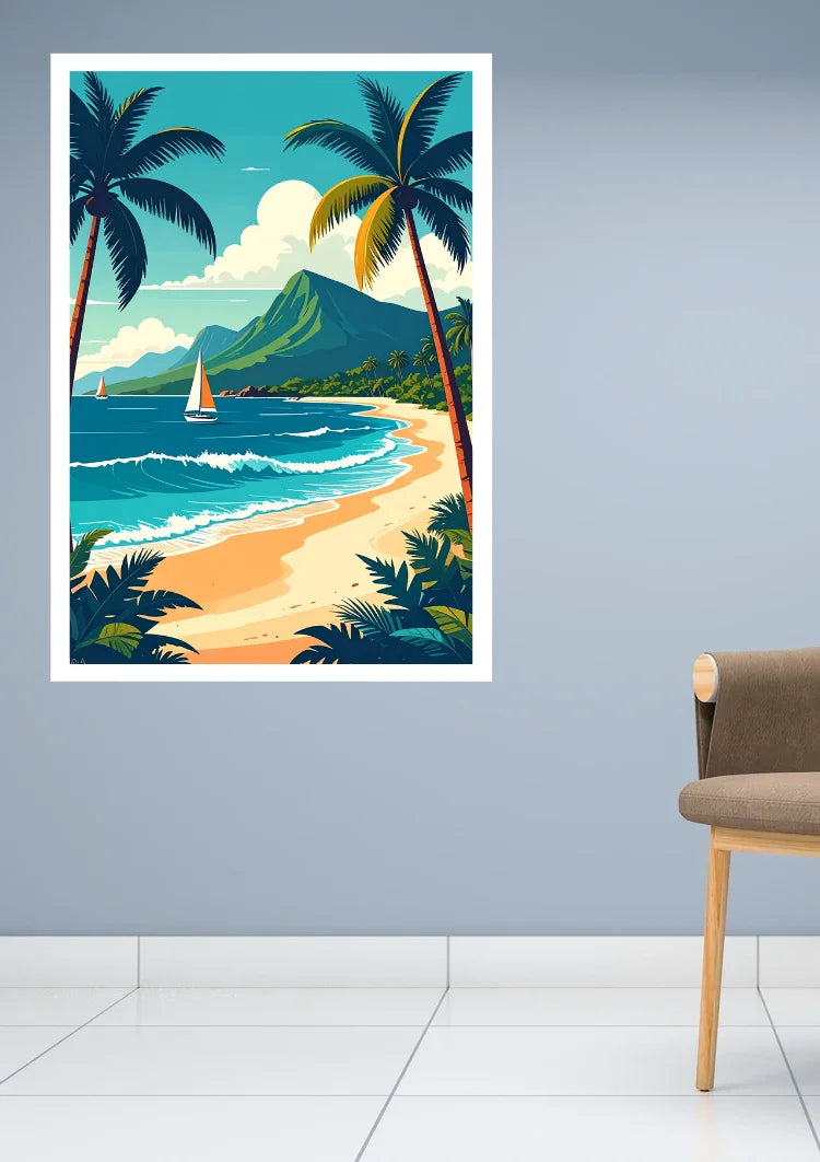 A vertical framed wall art print featuring a tropical beach scene with palm trees, blue ocean, sailboat, sandy shore, and green mountains, displayed on a light gray wall above a white floor, with part of a brown chair visible on the right.