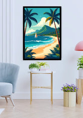 A framed tropical beach art print hangs on a white wall in a modern living room setting, featuring palm trees, a sailboat, and a mountain backdrop.
