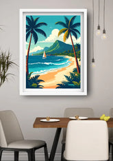 A framed tropical beach art print hangs on a light gray wall above a dining table with chairs. The artwork shows palm trees, a sandy beach, turquoise ocean waves, mountains, and a sailboat.
