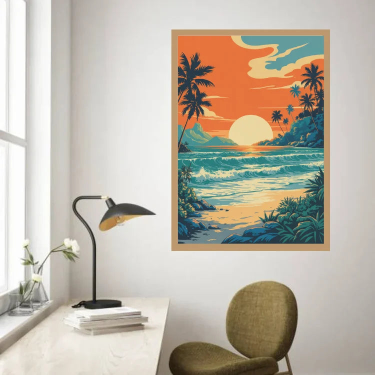 A framed tropical beach sunset poster hangs on a white wall above a desk with a black lamp and a green chair in a bright room.