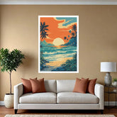 A vertical framed art print featuring a tropical beach sunset with palm trees, waves, and a large sun, displayed on a beige wall above a white sofa in a styled living room.