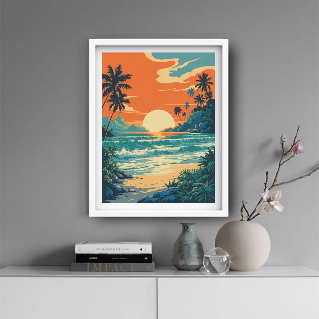 Ocean sunset palm tree canvas artwork
