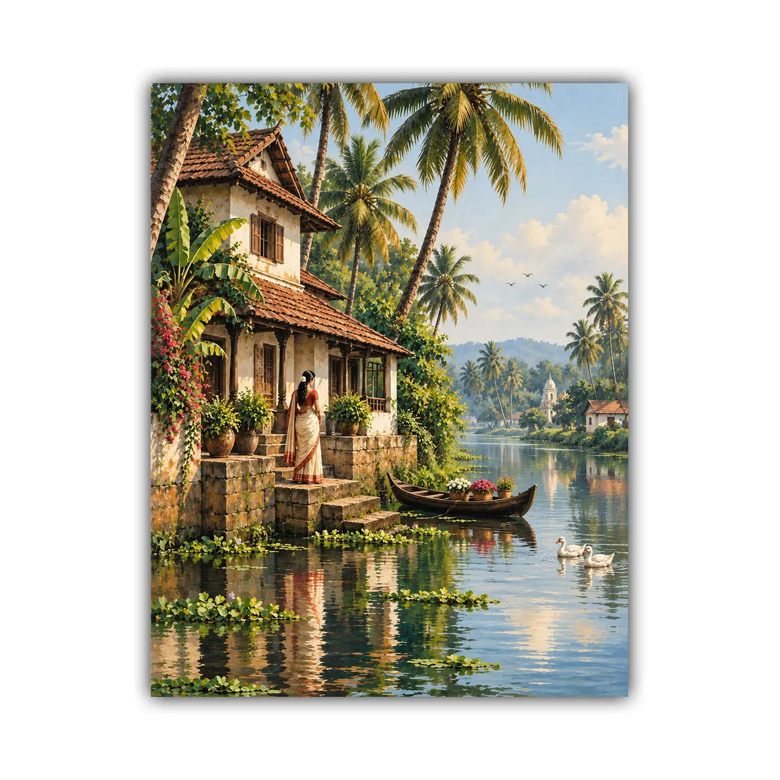 A vertical canvas print depicting a serene tropical lakeside scene with a traditional house, palm trees, a woman standing by the water, a small boat, and swans, shown against a plain white background.