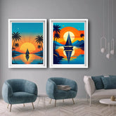 Nostalgic retro coastal sunset painting