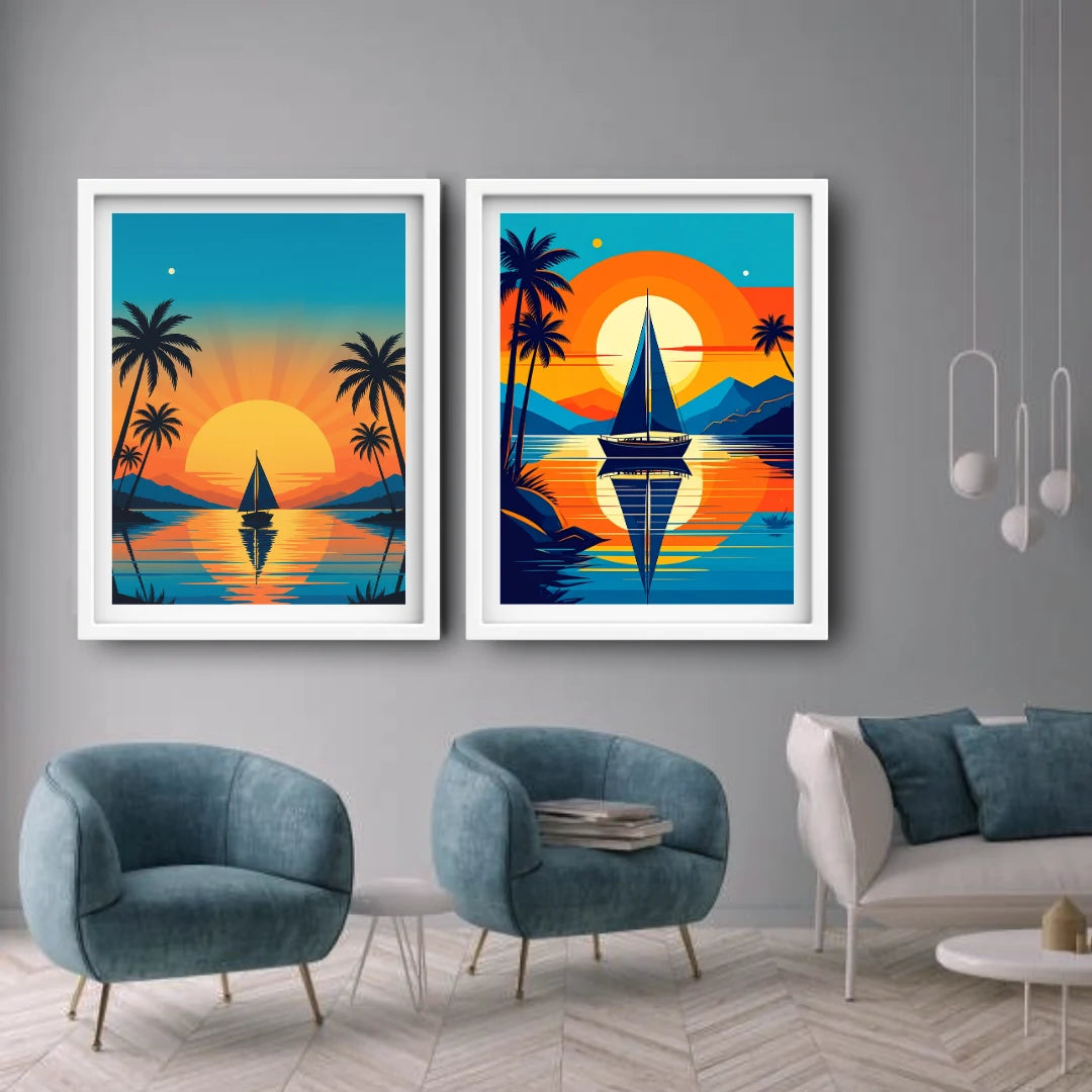 Nostalgic retro coastal sunset painting