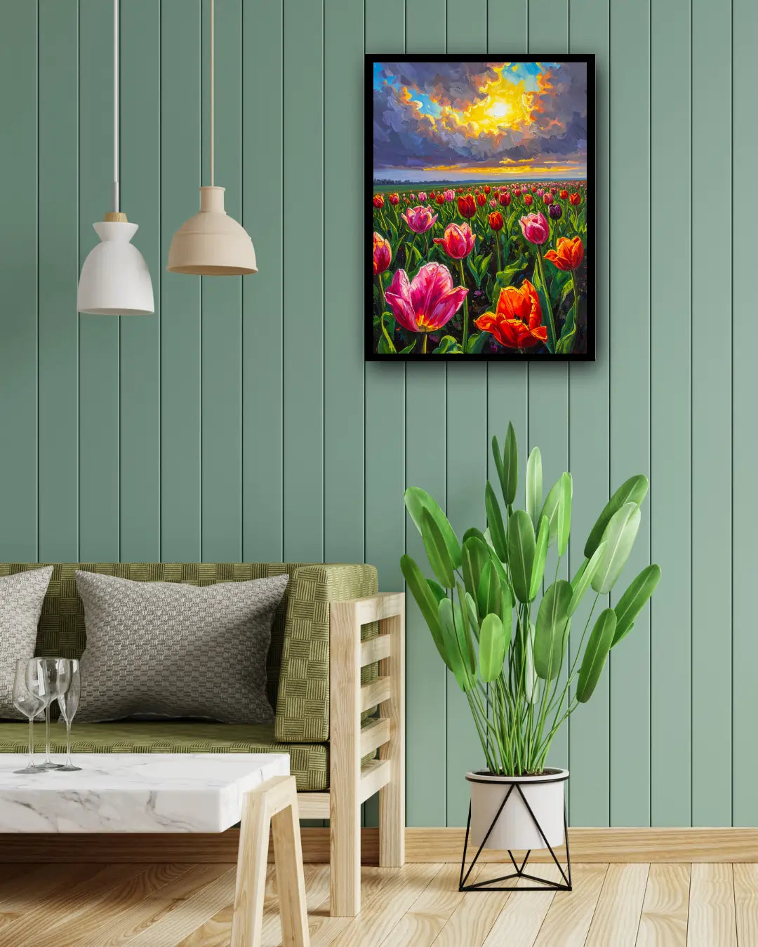 Tulip flower landscape wall art canvas displayed on a green panel wall with indoor plants
