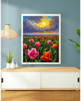 Tulip flower landscape wall art canvas hanging on a light wall above sofa
