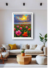Modern living room decorated with tulip flower landscape wall art canvas above sofa
