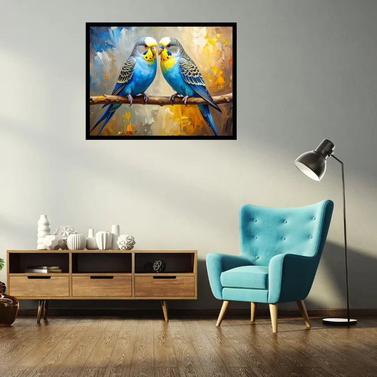 Living room with a blue armchair, wooden cabinet, and framed painting of two birds on a branch.