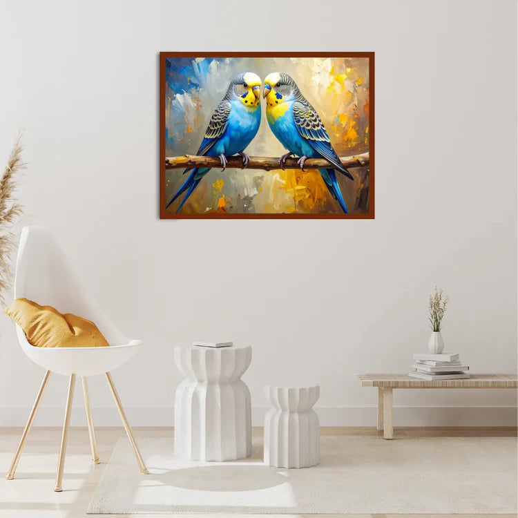 Framed artwork of two blue birds on a branch in a modern living room.