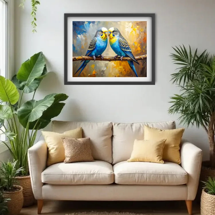 Framed artwork of two parrots on a branch above a beige sofa with decorative pillows in a living room.