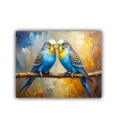 Two blue parakeets on a branch with a colorful abstract background