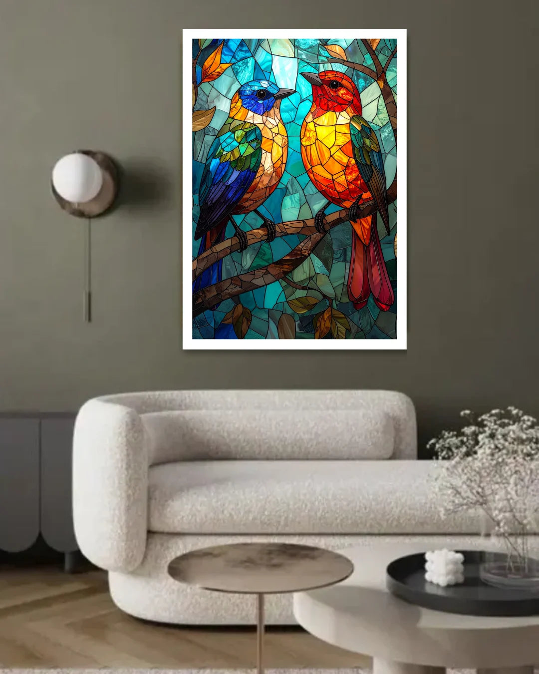 Colorful stained glass-style artwork of two birds on a branch in a living room.