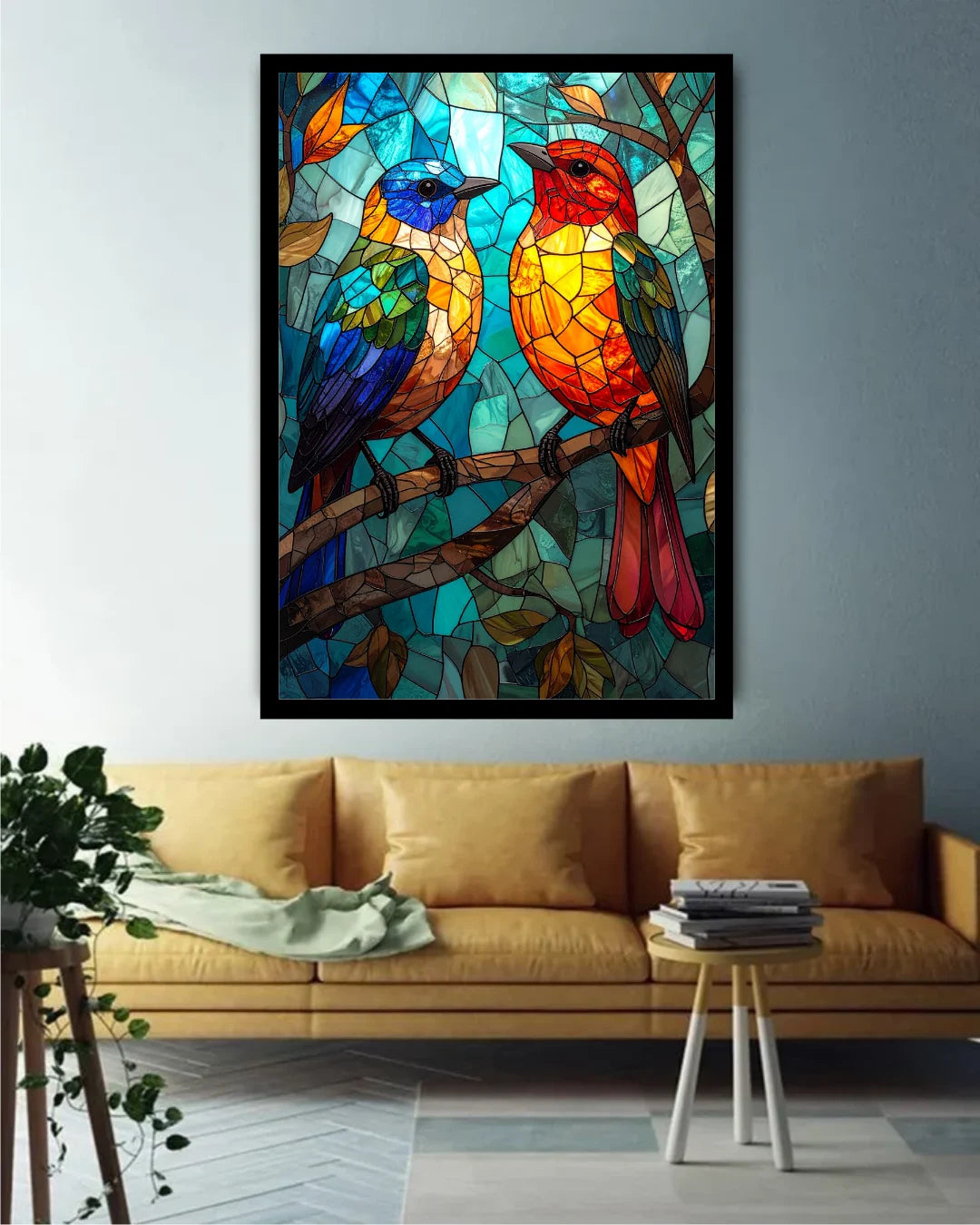 Colorful stained glass-style artwork of two birds on a branch in a living room.