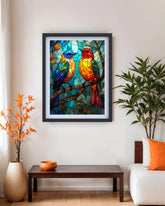 Framed artwork of two foxes on a wall above a bed in a bedroom.