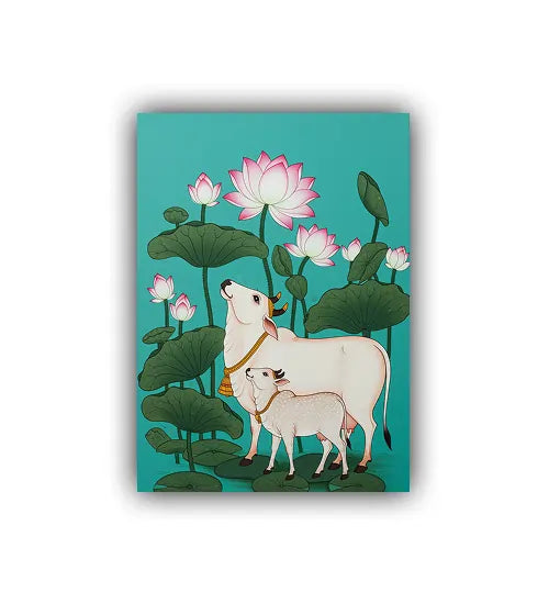Illustration of a cow and calf among lotus flowers on a teal background