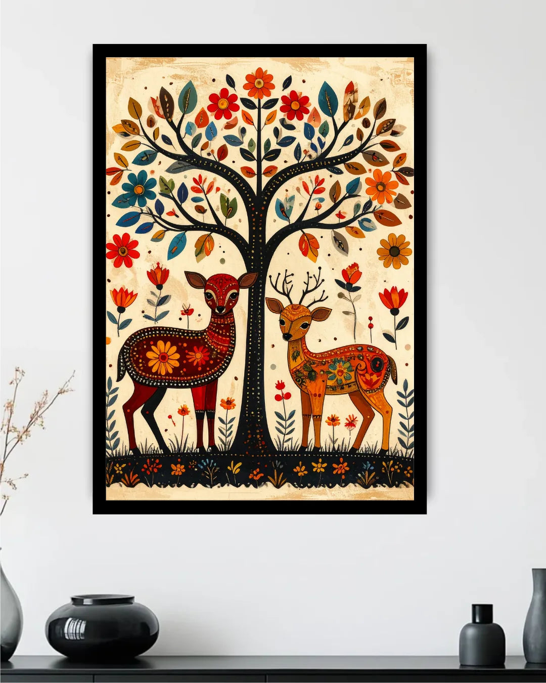 Decorative wall art with two deer and a tree on a beige background, framed in black.