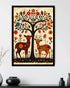 Decorative wall art with two deer and a tree on a beige background, framed in black.
