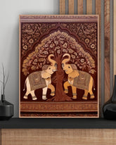 Decorative wall tapestry with two elephants under a tree on a wooden shelf.