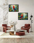 Living room with two parrot paintings on the wall, red chairs, and a marble table.