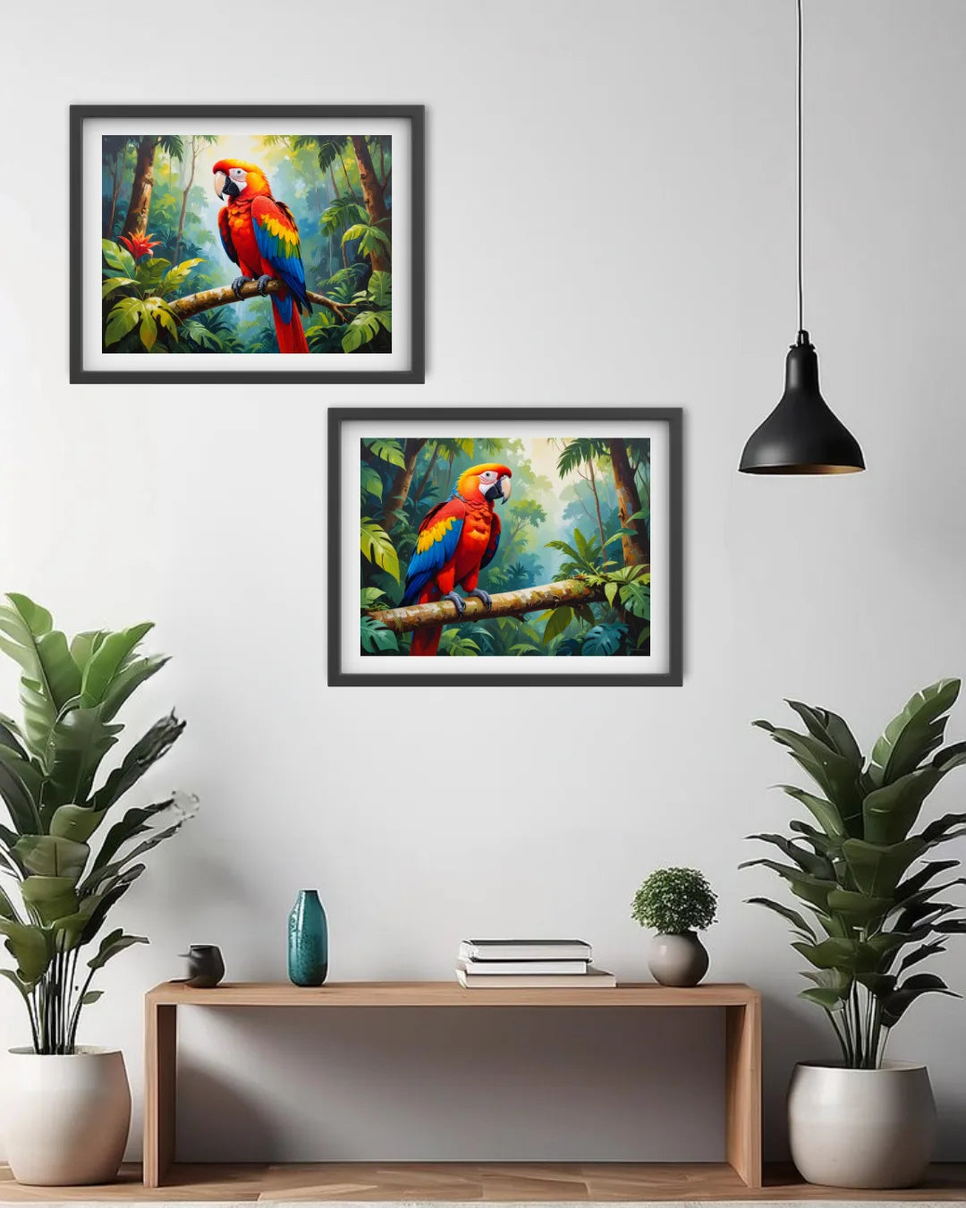 Two framed paintings of parrots on a wall with a console table and plants below.