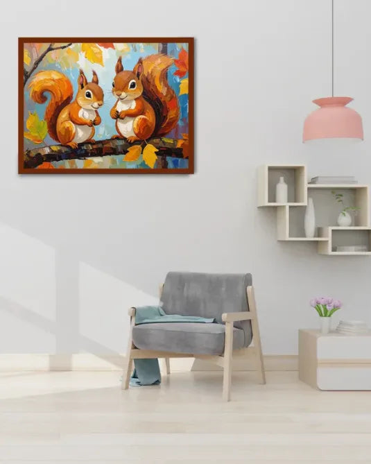 Framed painting of two squirrels on a branch in a modern living room.