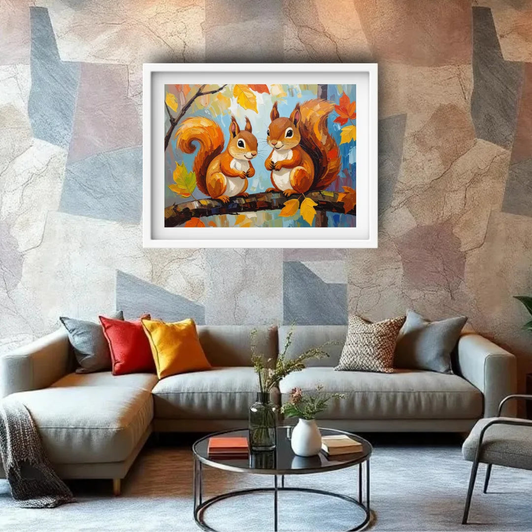 Living room with a painting of two squirrels on a wall above a sofa.